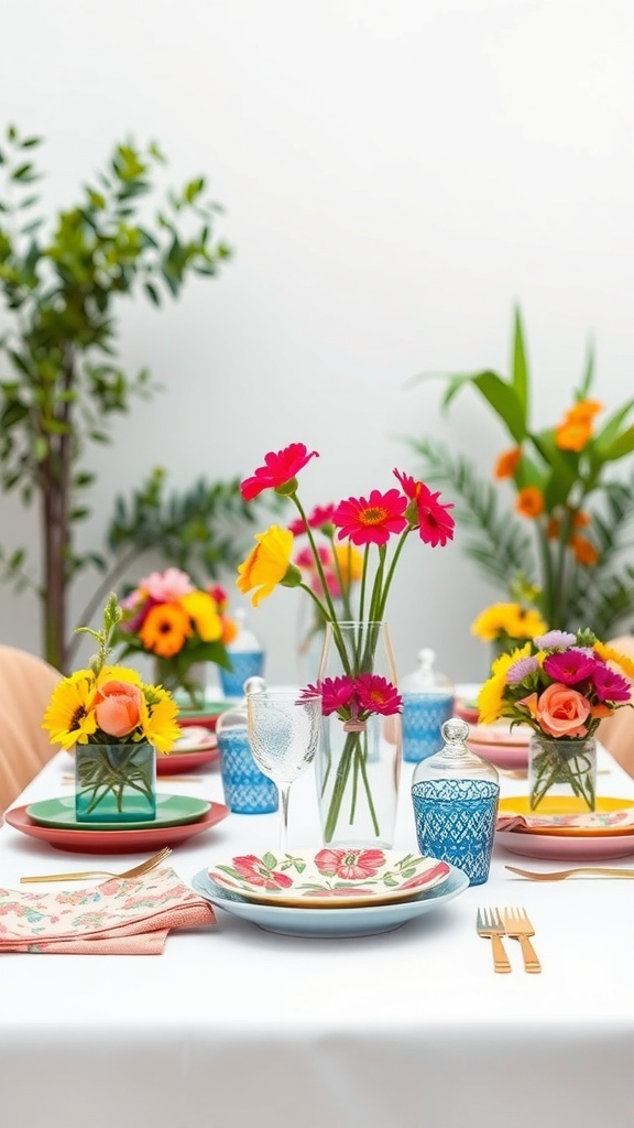 A vibrant summer table setting with colorful plates, floral arrangements, and decorative glassware.