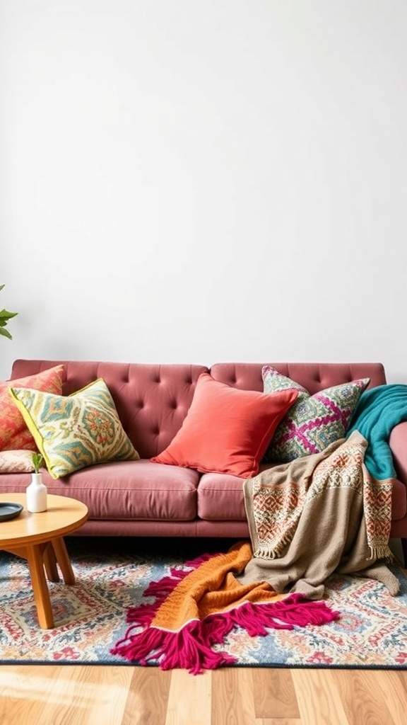 A cozy living room with a pink sofa, colorful throw pillows, and a blanket draped over the arm.