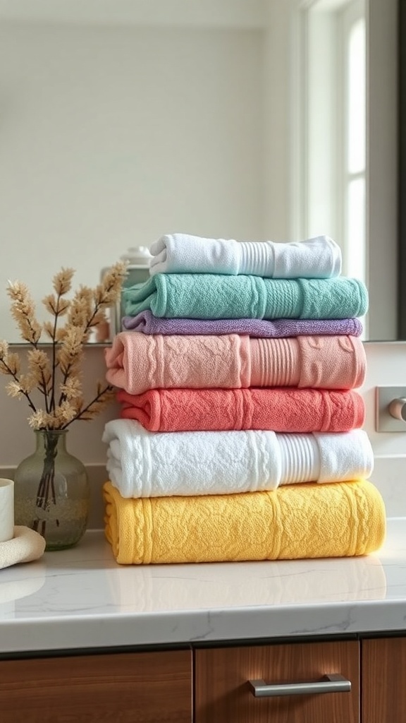 A stack of colorful towels in various shades on a bathroom counter.