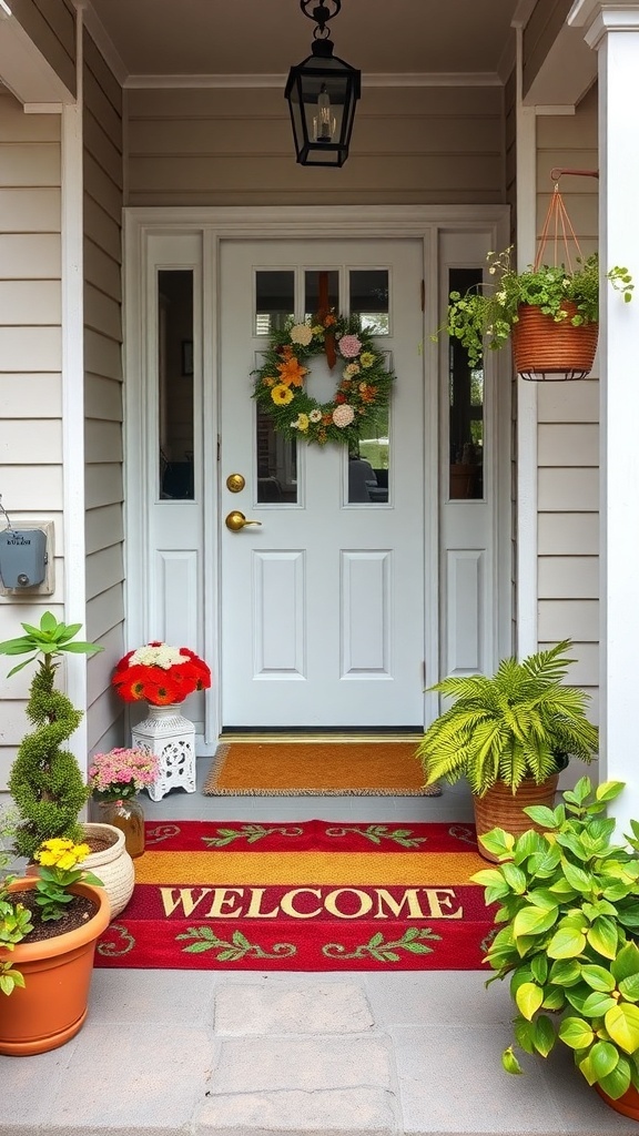 A vibrant welcome mat on a small front porch, adorned with potted plants and a floral wreath.
