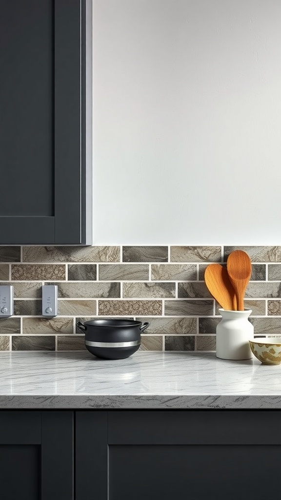 A modern kitchen with a textured tile backsplash, marble countertop, and dark cabinetry.