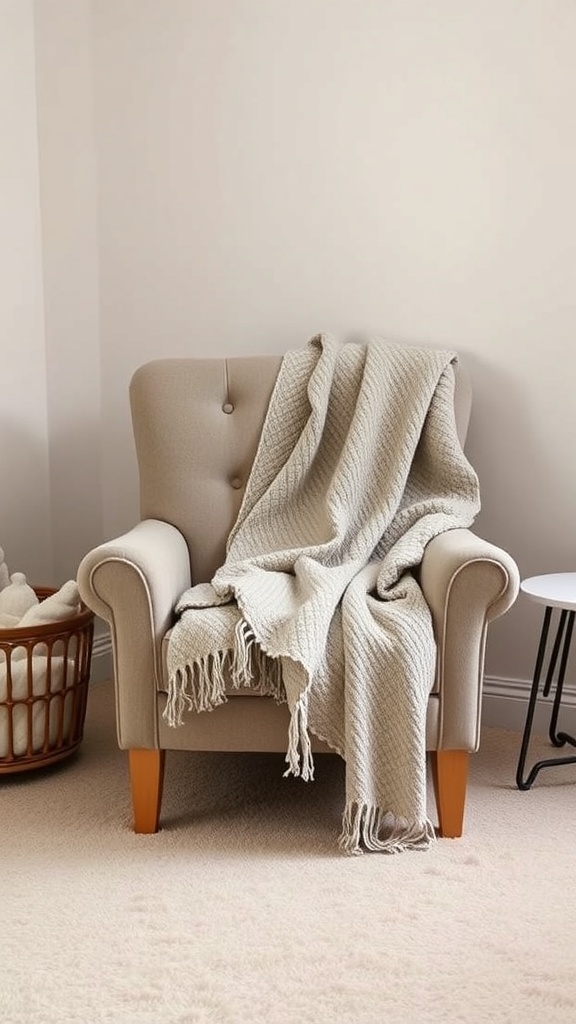 Cozy nursing chair with a soft blanket draped over it, surrounded by a decorative basket.