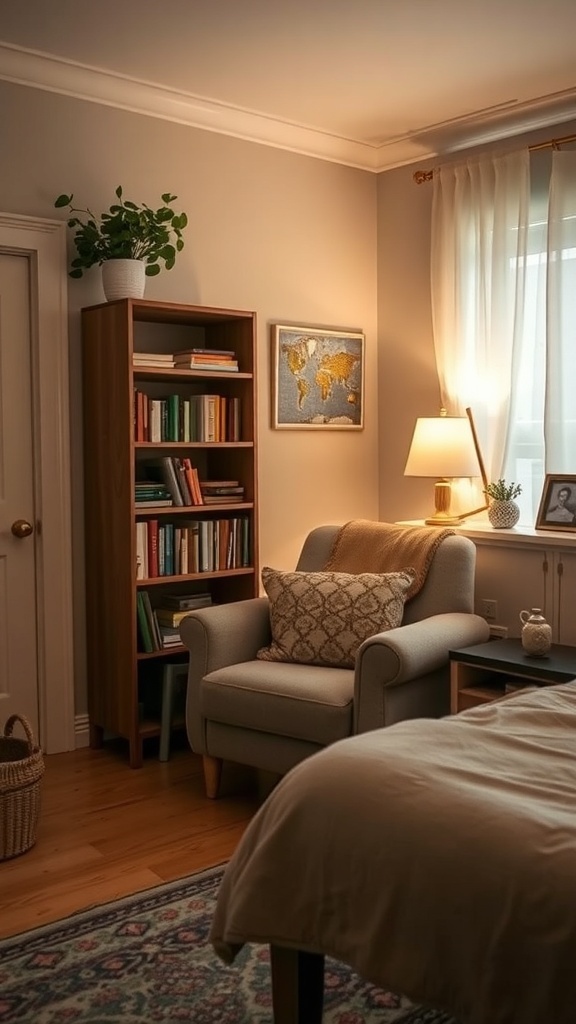 A cozy reading nook in a bedroom with an armchair, bookshelf, and natural light.