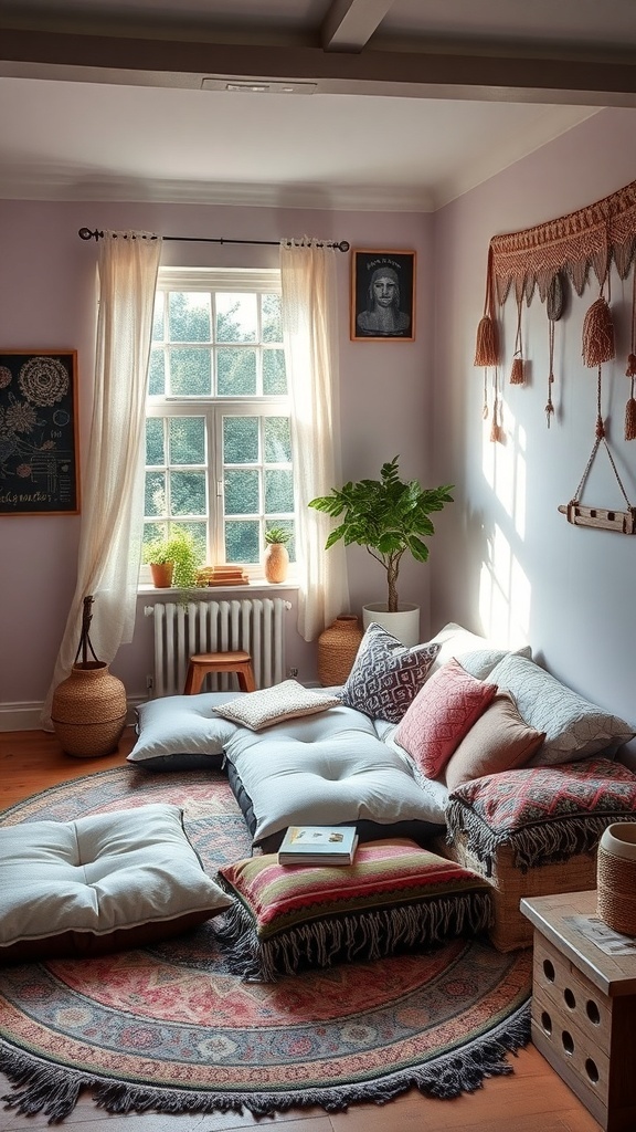 A cozy boho-style bedroom seating area with cushions and natural light