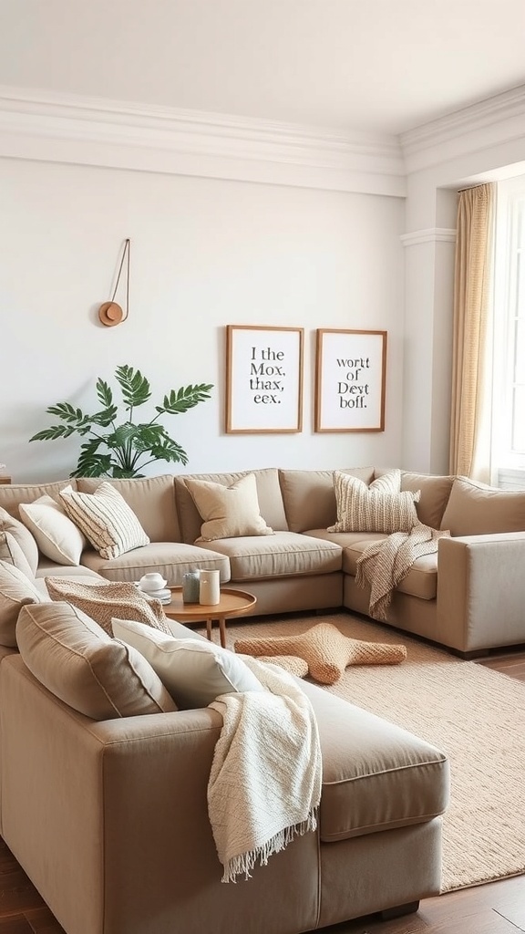 A cozy living room with a spacious sectional sofa, soft pillows, and a coffee table.