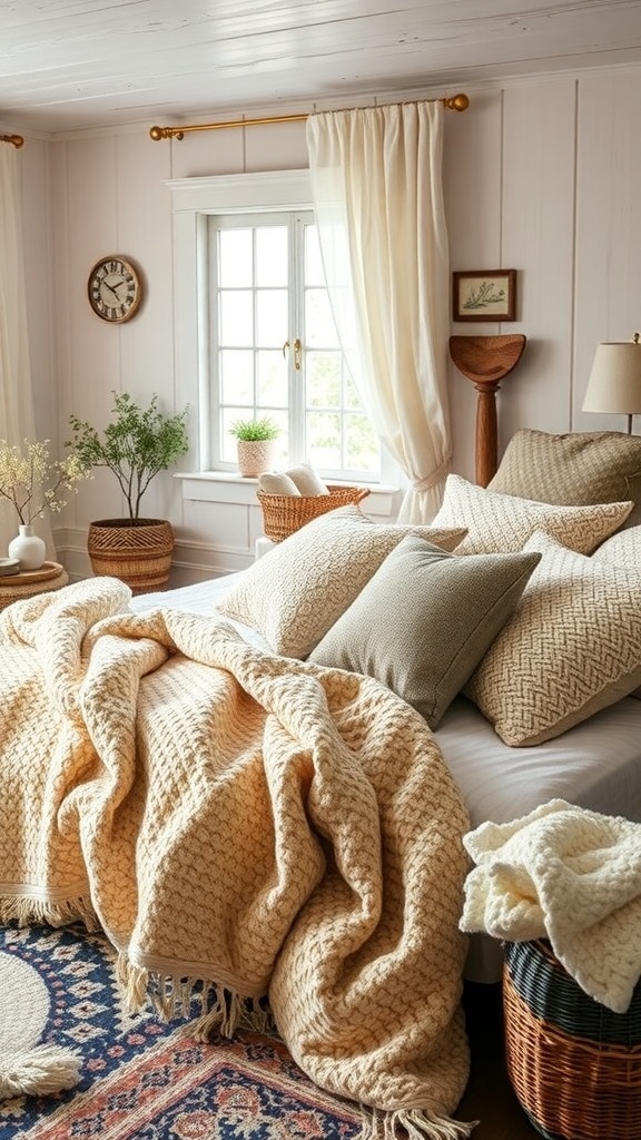 A cozy bedroom with soft textiles, including a knitted blanket, decorative pillows, and natural elements.
