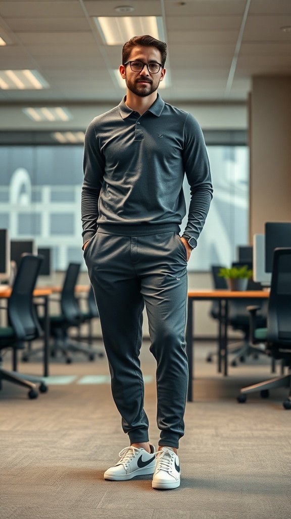 A man in a dark polo shirt and joggers, wearing white sneakers, standing in an office environment.