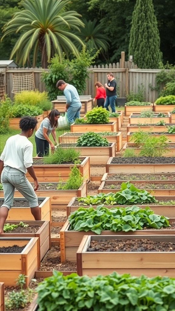 A community garden with several raised beds filled with plants and people working together.