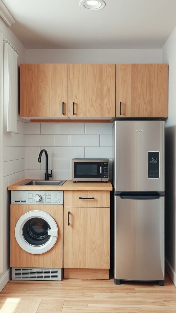 Compact kitchen with a refrigerator, microwave, and washer-dryer combo in wooden cabinetry.