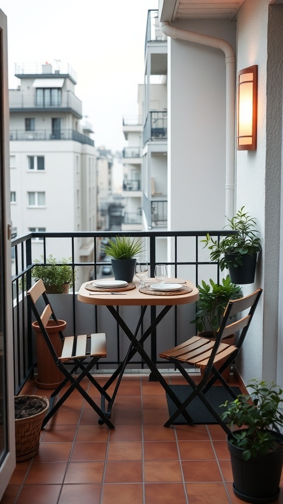 A small balcony with a round table set for two, featuring folding chairs and potted plants.