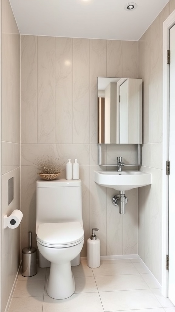 A compact bathroom featuring a sleek toilet and wall-mounted sink, designed for efficiency.