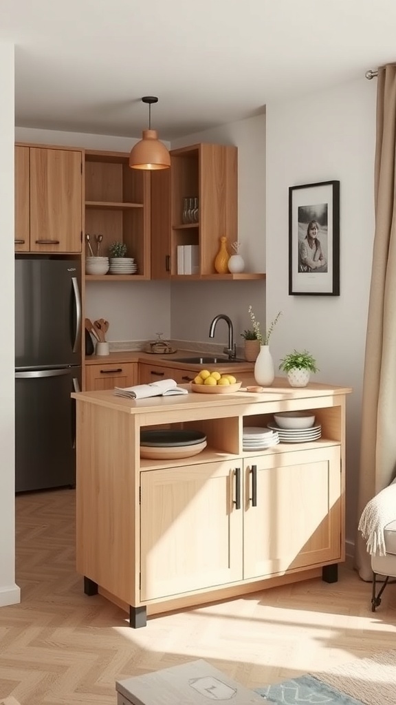 A compact wooden kitchen island in a small kitchen with cabinets and a countertop.