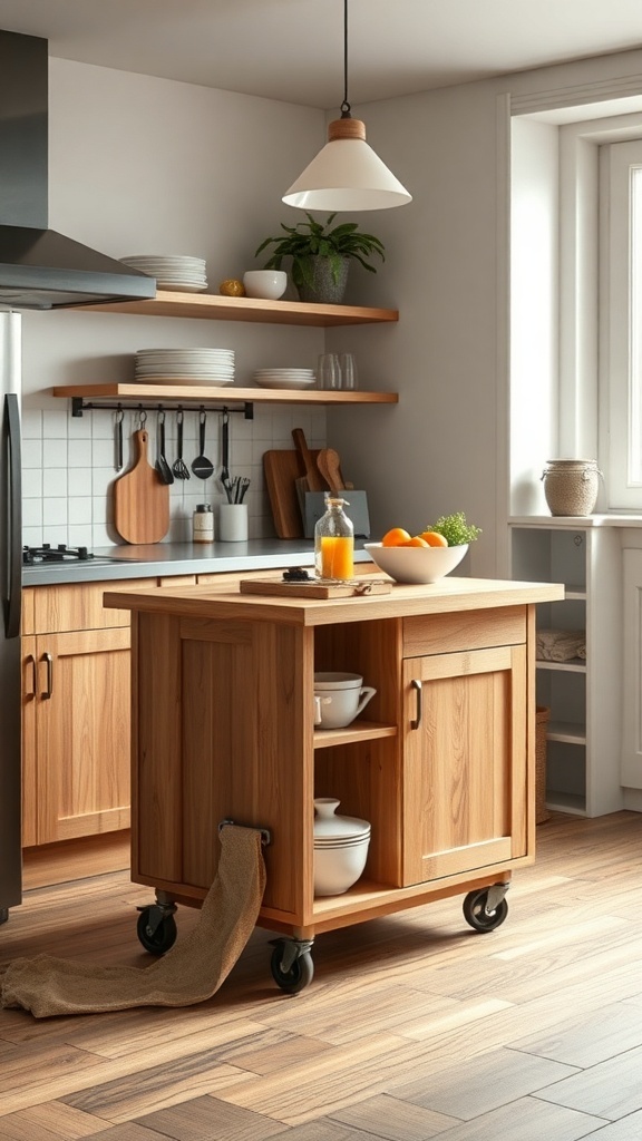 A compact mobile kitchen island in a stylish kitchen.