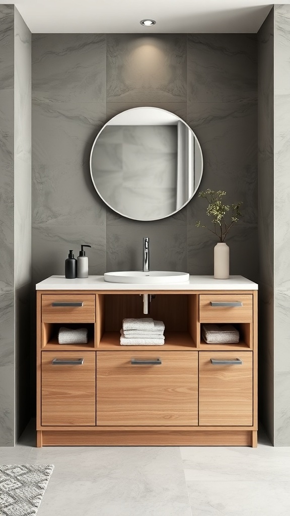 A modern bathroom vanity in light wood with a round mirror, featuring open shelves and drawers, set against gray tiles.