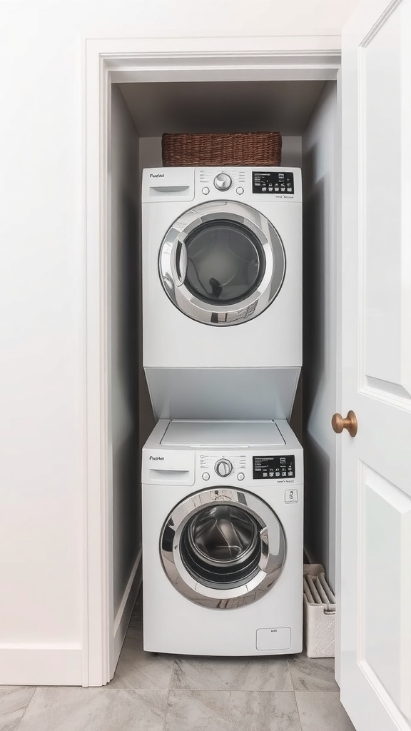 A compact washer and dryer stacked in a small laundry room