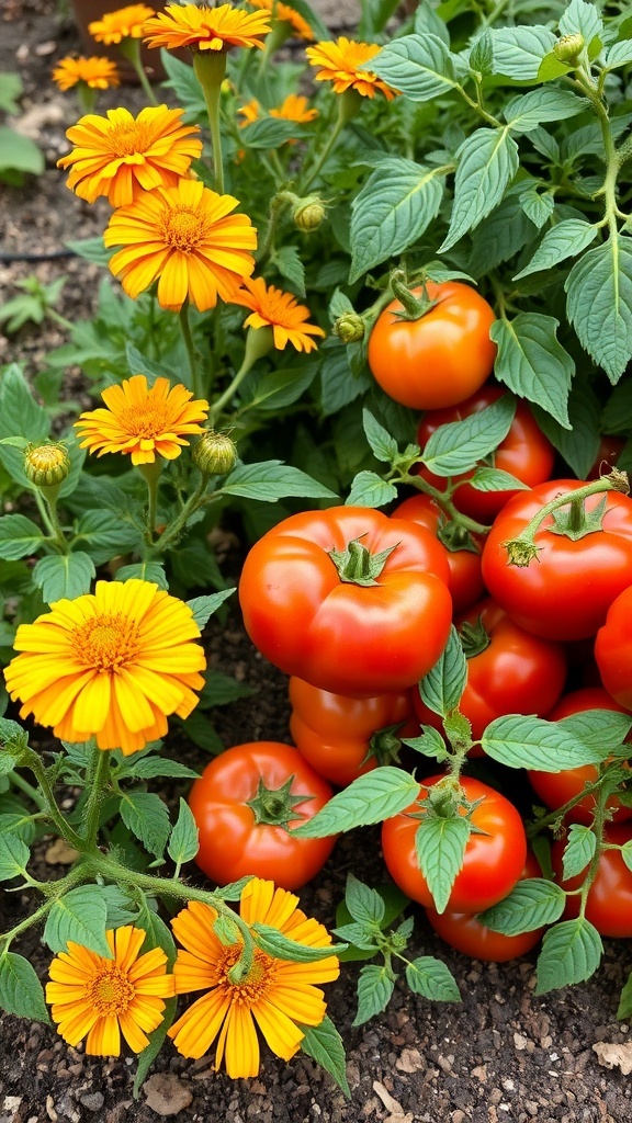 A close-up of vibrant orange flowers and ripe red tomatoes growing together in a garden.
