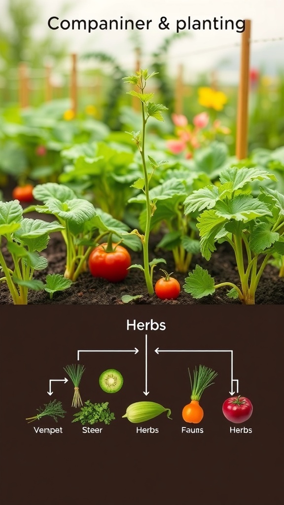 A vibrant kitchen garden showcasing companion planting techniques with tomatoes and herbs.