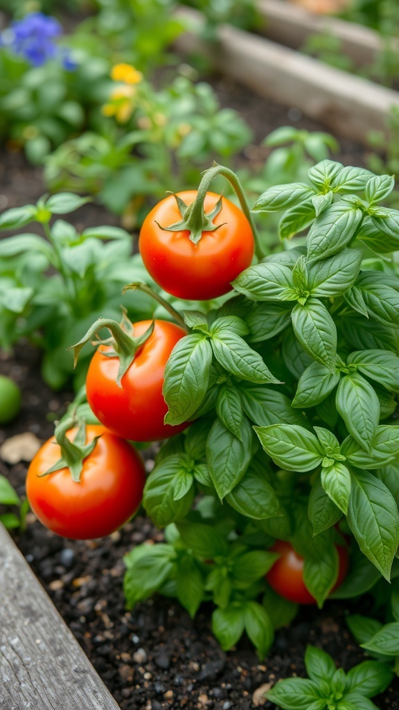 Tomatoes and basil growing together in a vegetable garden