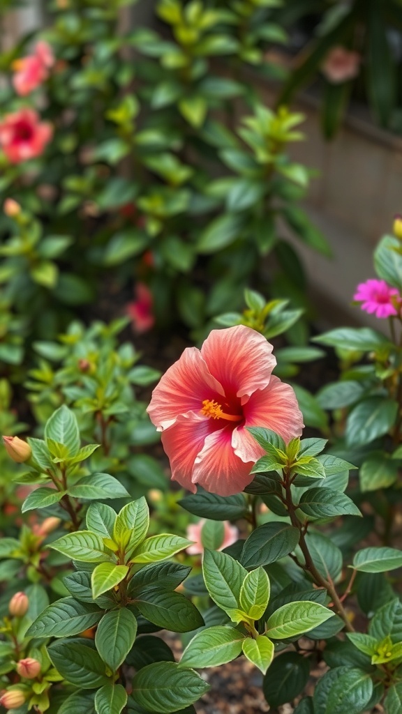 A vibrant hibiscus flower surrounded by lush green leaves and other colorful plants in a garden.