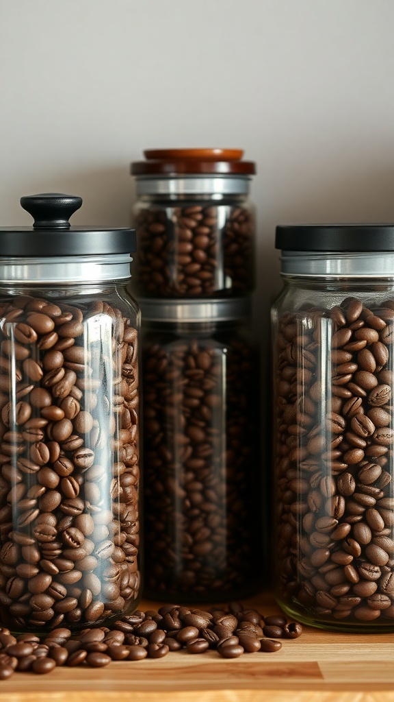 Varios frascos de vidrio llenos de granos de café en un fondo neutro.