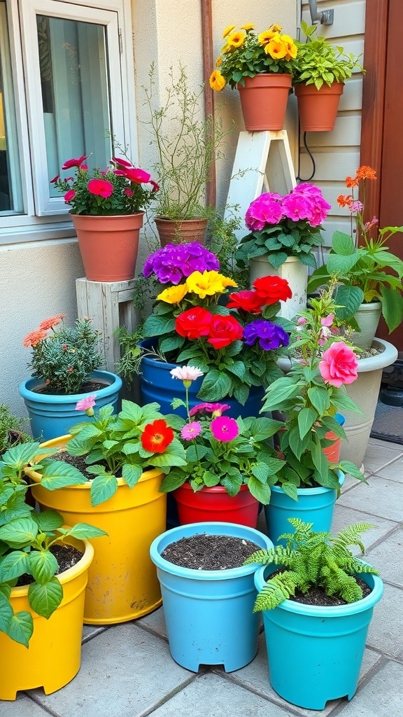 Colorful pots filled with various flowers and plants in a small garden space.