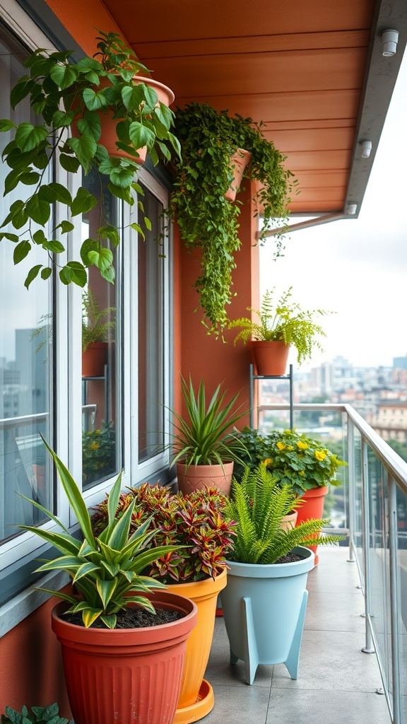 A colorful balcony garden with various potted plants, including ferns and flowering plants, creating a lively atmosphere.