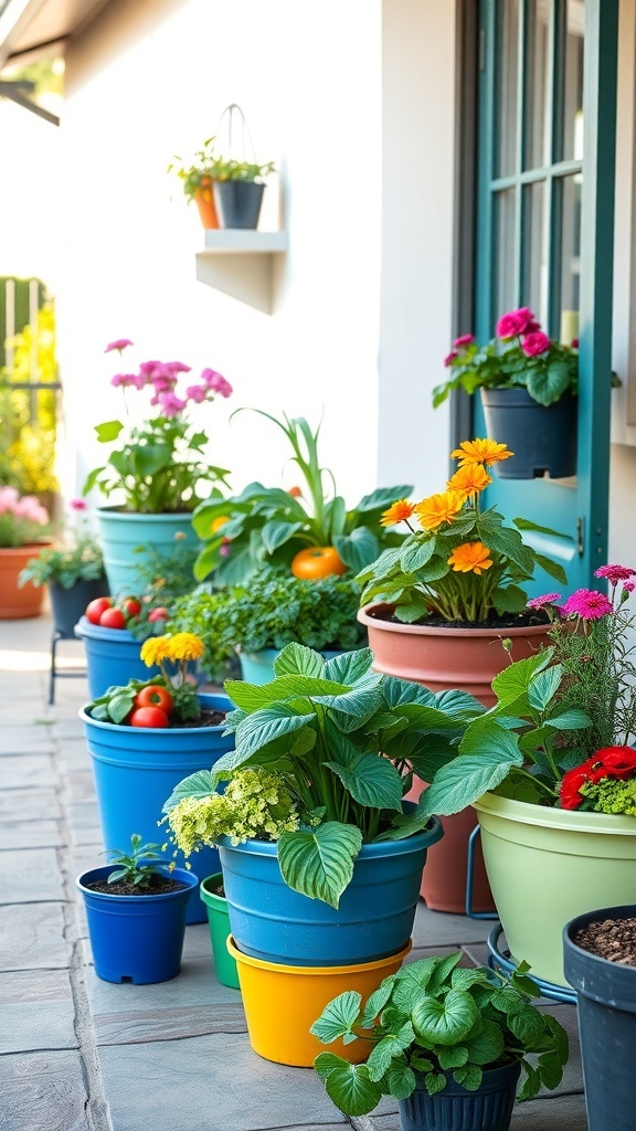 Colorful containers filled with various plants and flowers arranged on a patio
