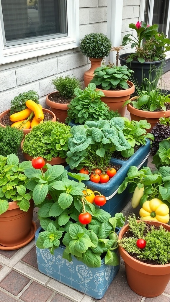 A variety of vegetables and herbs in pots, showcasing a vibrant container garden.