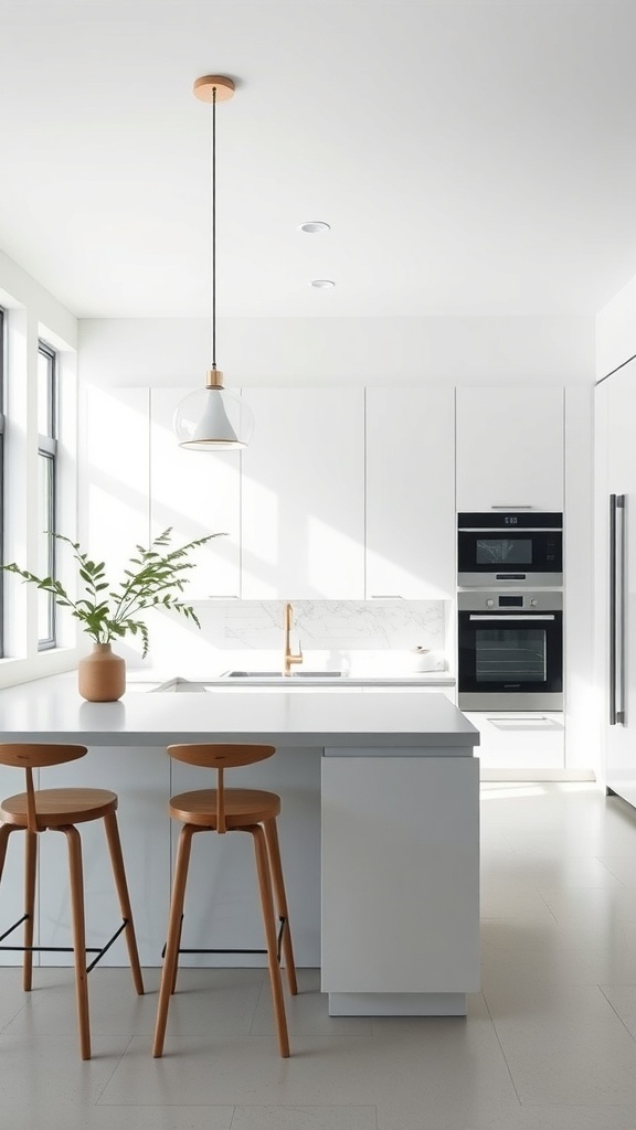 A contemporary minimalist kitchen with a sleek island and wooden stools, featuring a pendant light and potted plant.