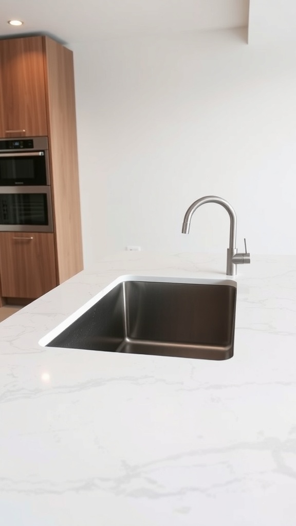 A modern kitchen featuring a stainless steel undermount sink integrated into a marble countertop.