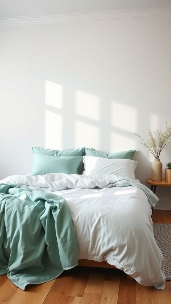 A cozy bed with mint green and white bedding, complemented by a wooden side table and a plant.