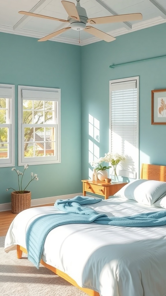 A bright and airy bedroom with light blue walls, white bedding, and natural light coming through the windows.