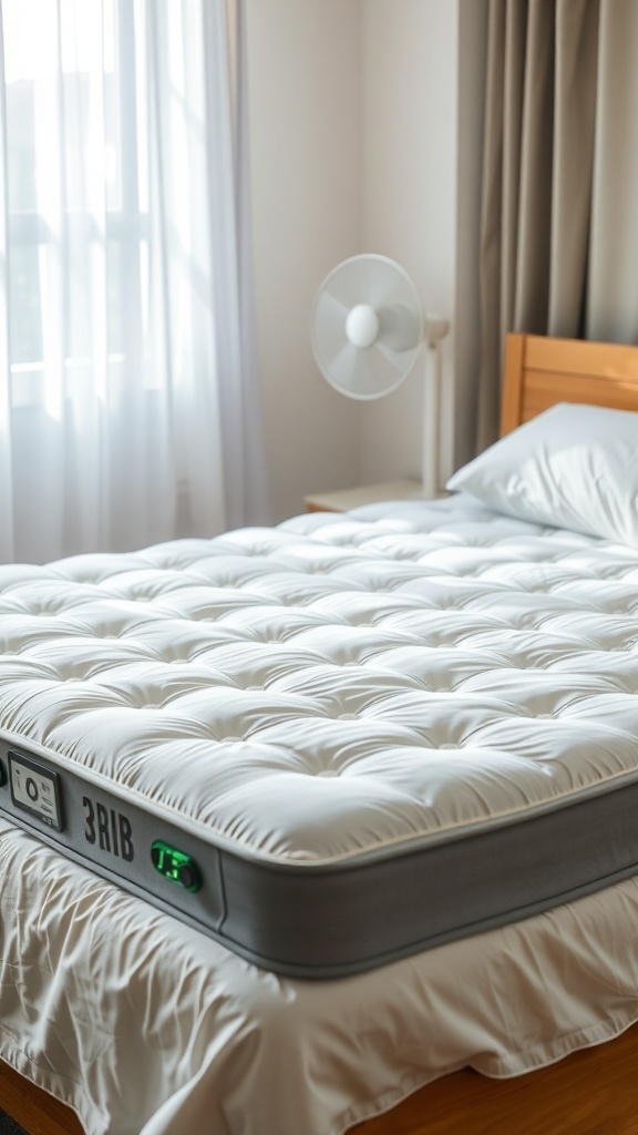 A cozy bed with a cooling mattress protector and a fan nearby.