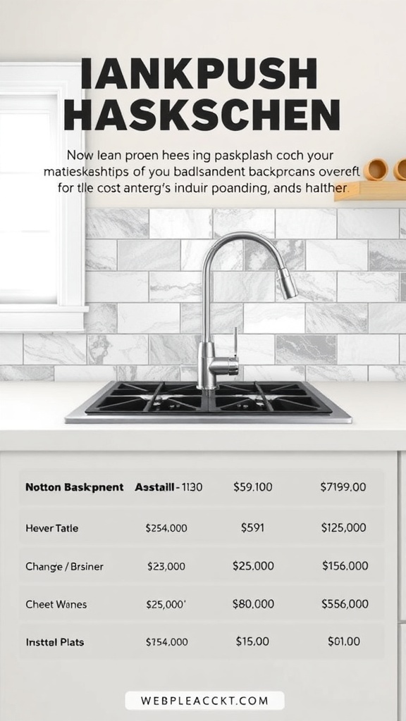 A modern kitchen with a stylish backsplash and a price list for different backsplash options.