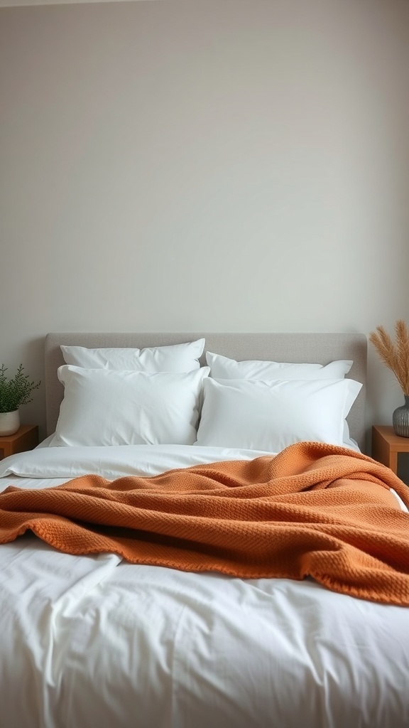 A cozy guest bedroom featuring white bedding with an orange throw blanket.