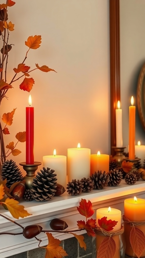 A cozy fall mantel arrangement featuring candles, pinecones, and autumn leaves.