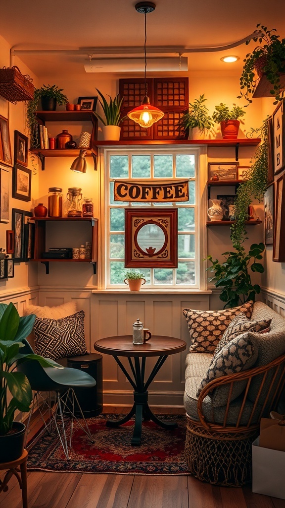 A cozy coffee nook with shelves, plants, and a small table.