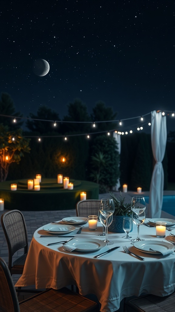A cozy outdoor dining setup with a table set for dinner, surrounded by candles and string lights, under a starry night sky.