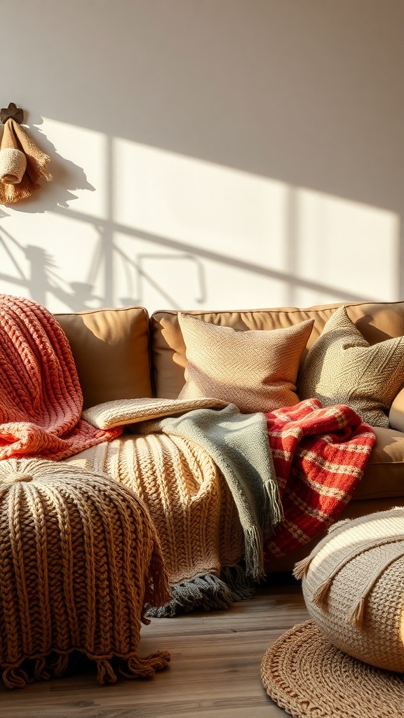 A cozy living room with knit textiles, including blankets and pillows, on a couch.