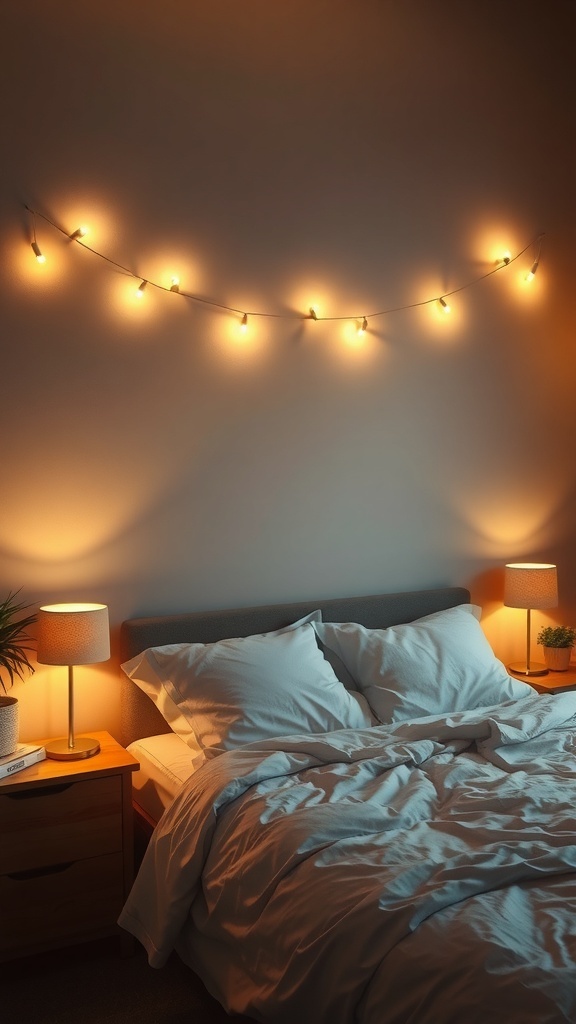 A cozy bedroom with string lights and bedside lamps creating a warm atmosphere.