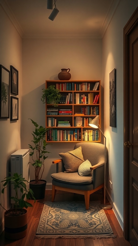 A cozy nook in a small apartment featuring a comfortable chair, a bookshelf filled with books, a lamp, and plants.