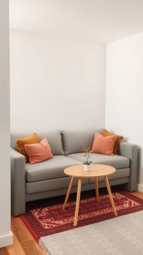 A cozy nook featuring a gray sofa with orange pillows, a round wooden table, and a patterned rug.