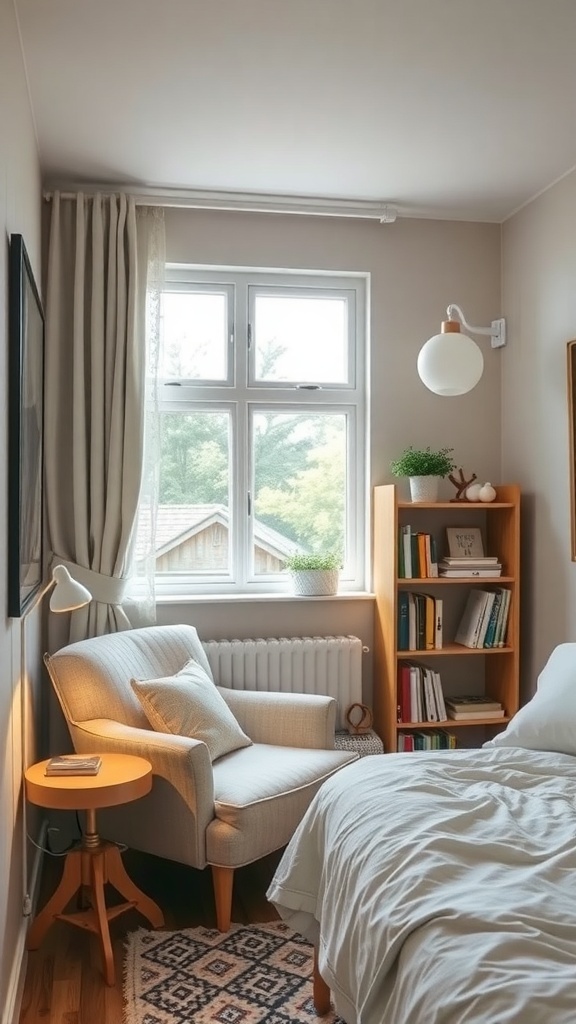 Cozy reading corner in a small bedroom with an armchair, side table, and bookshelf