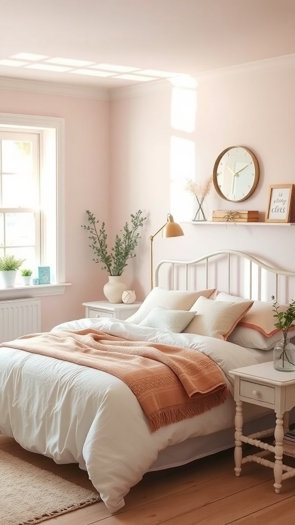 A cozy bedroom with pastel pink walls, white bedding, and a peach throw blanket.