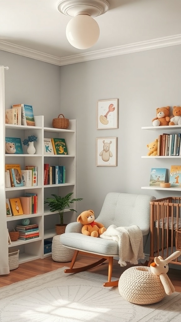 Cozy reading nook in a gender-neutral nursery with a rocking chair, bookshelves filled with children's books, and plush toys.