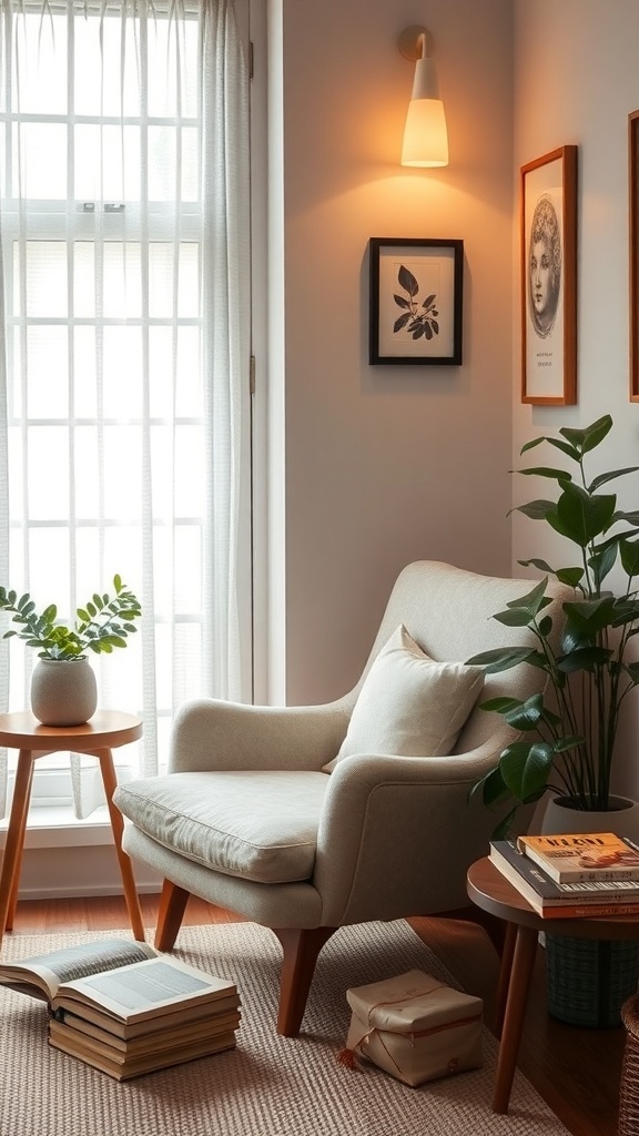 A cozy reading nook featuring a comfortable chair, side tables, plants, and warm lighting.