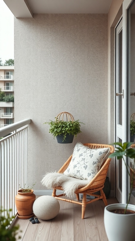 A cozy reading nook on a small balcony featuring a rattan chair with a fluffy cushion, a hanging plant, and a soft pouf.
