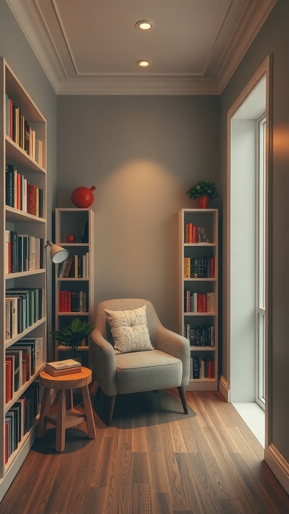 A cozy reading nook with bookshelves, a comfortable chair, and warm lighting.