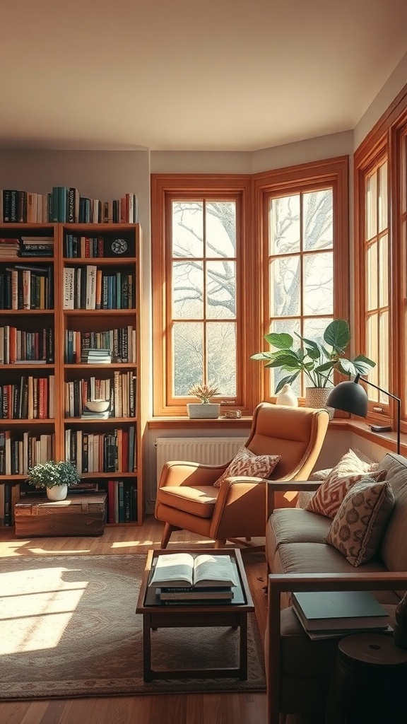 Cozy reading nook with large windows, a comfortable armchair, and a bookshelf filled with books.