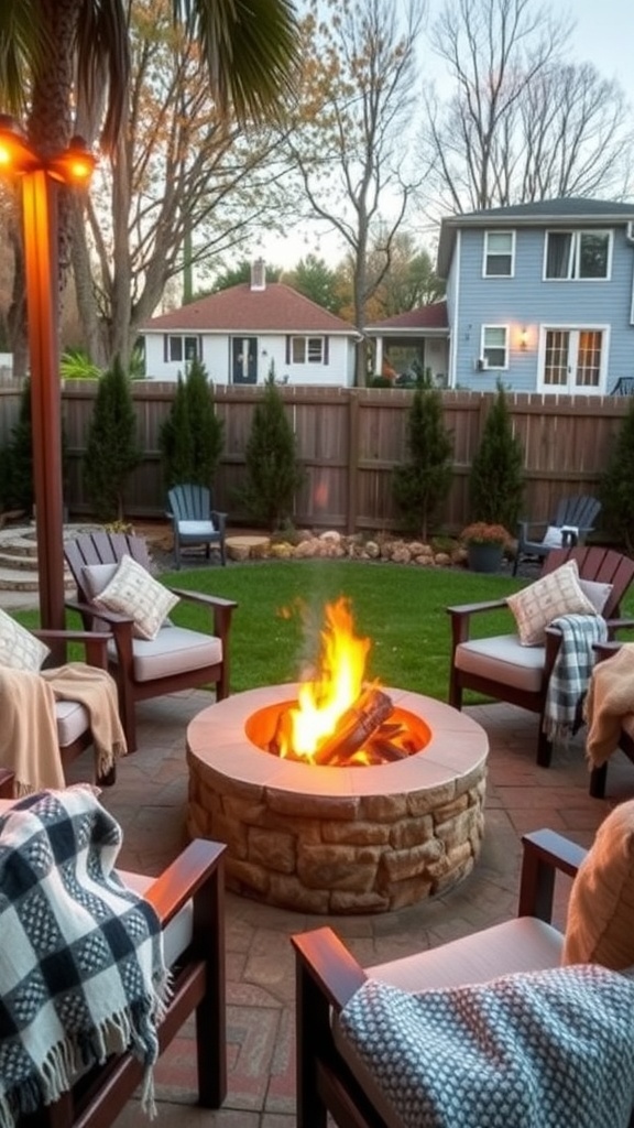 Cozy seating arrangement around a fire pit with wooden chairs and blankets